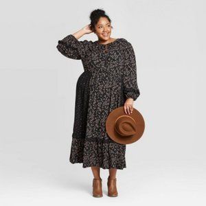 Universal Thread Floral Print Long Sleeve V-Neck Midi Dress Black
